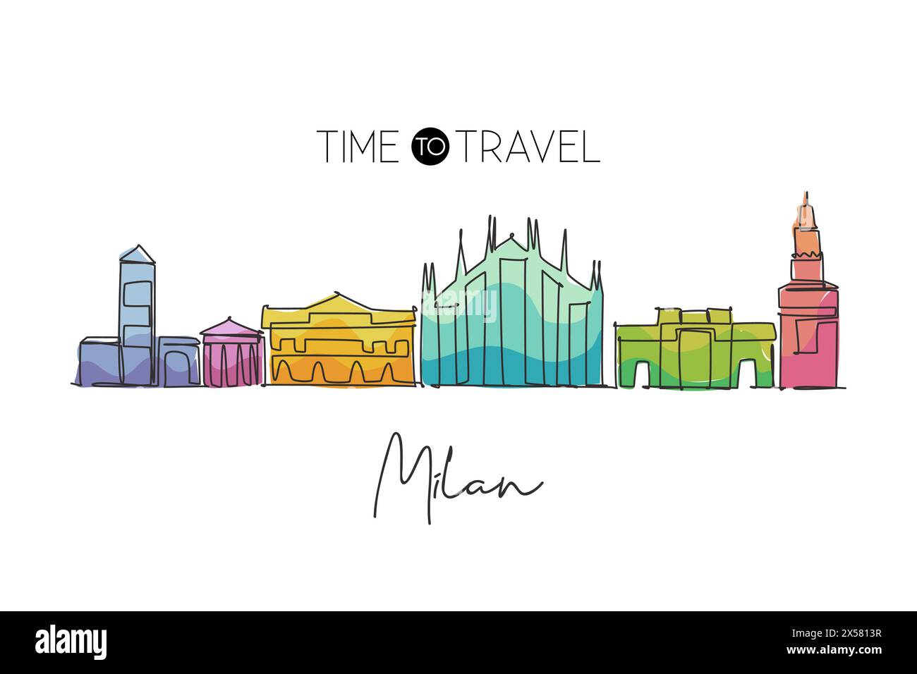 One continuous line drawing of Milan city skyline, Italy. Beautiful skyscraper. World landscape tourism travel vacation wall decor poster concept. Sty Stock Vector