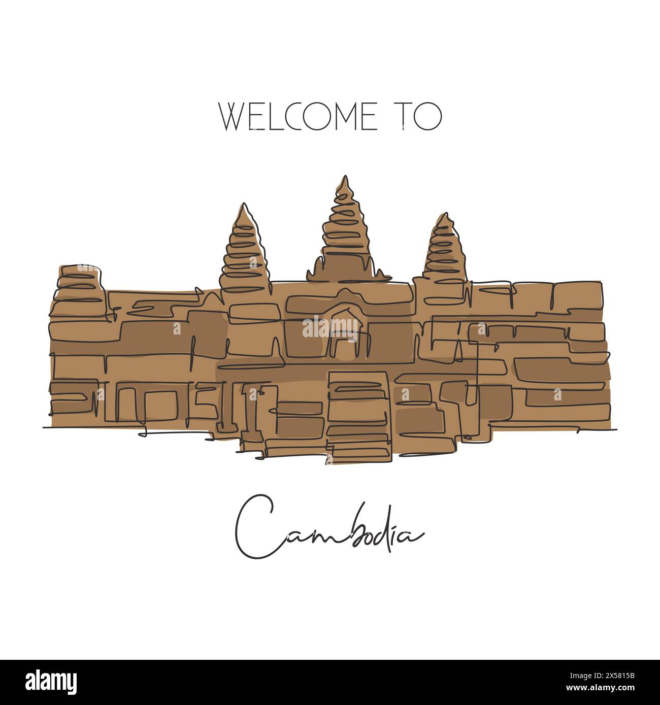 One continuous line drawing Angkor Wat Temples landmark. Iconic place in Siem Reap, Cambodia. Holiday vacation wall decor home art poster concept. Mod Stock Vector