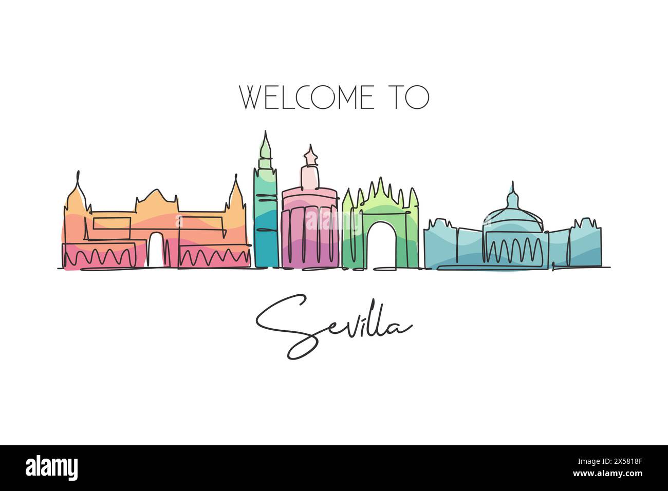 One continuous line drawing of Sevilla city skyline, Spain. Beautiful skyscraper. World landscape tourism travel vacation wall decor poster concept. S Stock Vector