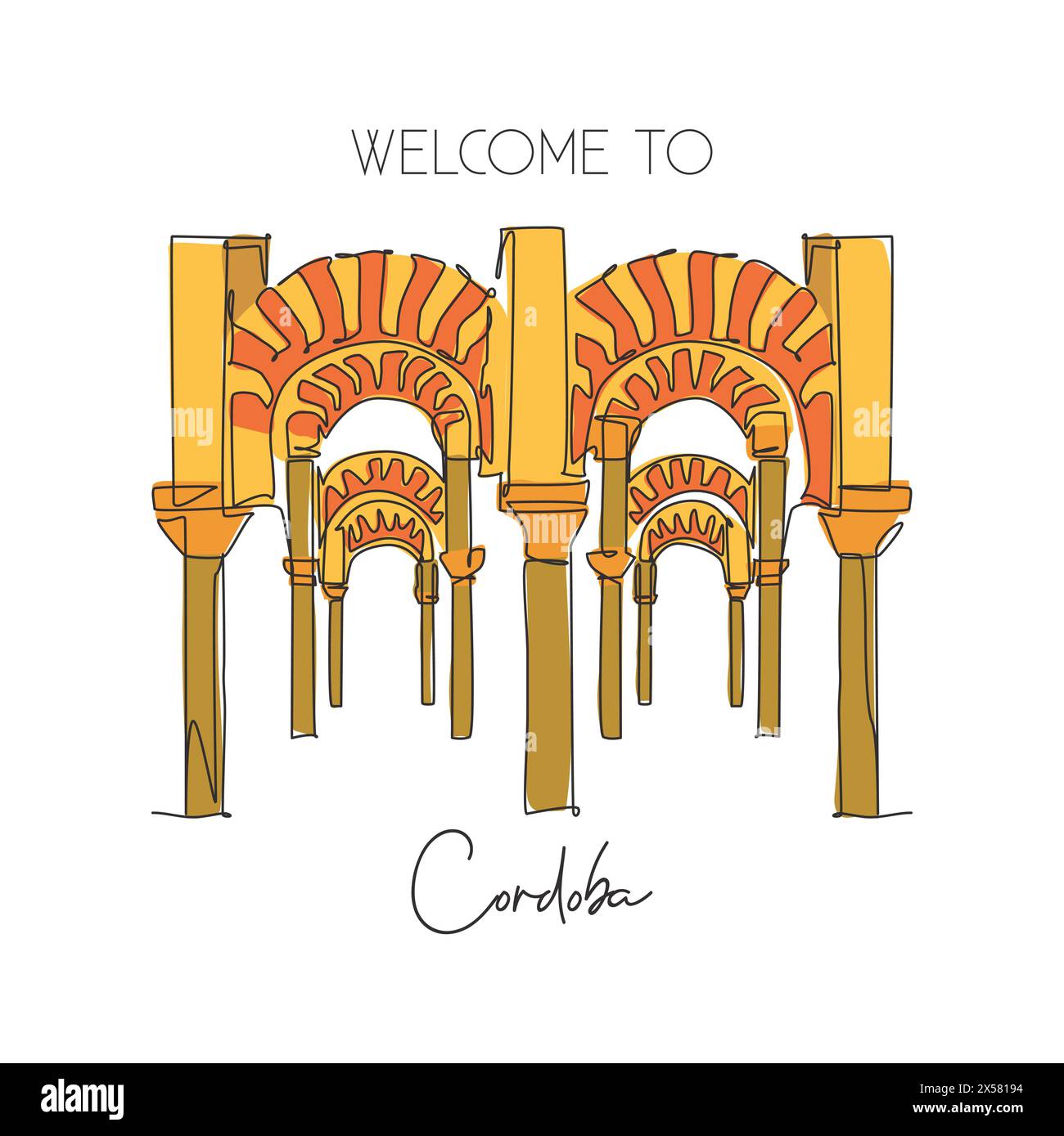 One continuous line drawing Cordoba Mosque or Mezquita landmark. Beautiful place at Andalusia, Spain. Holiday vacation wall decor poster art concept. Stock Vector