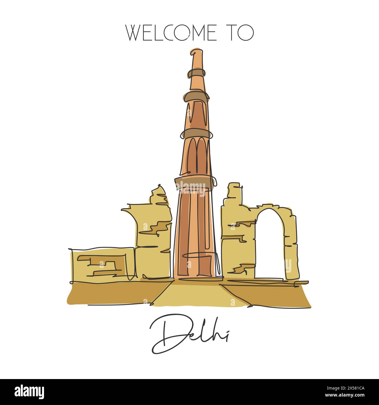 One continuous line drawing Qutub Minar mosque landmark. Holy islamic place in Delhi, India. Holiday vacation home wall decor poster print concept. Mo Stock Vector
