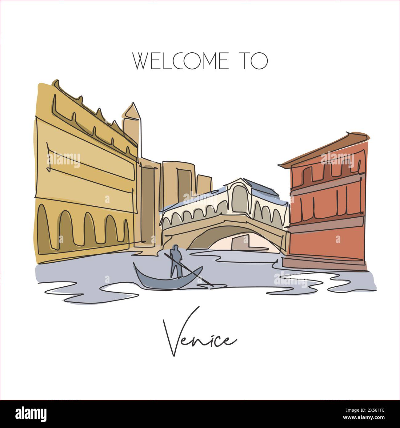 One single line drawing Rialto Bridge landmark. World famous iconic canal in Venice Italy. Tourism travel postcard home wall decor poster print concep Stock Vector