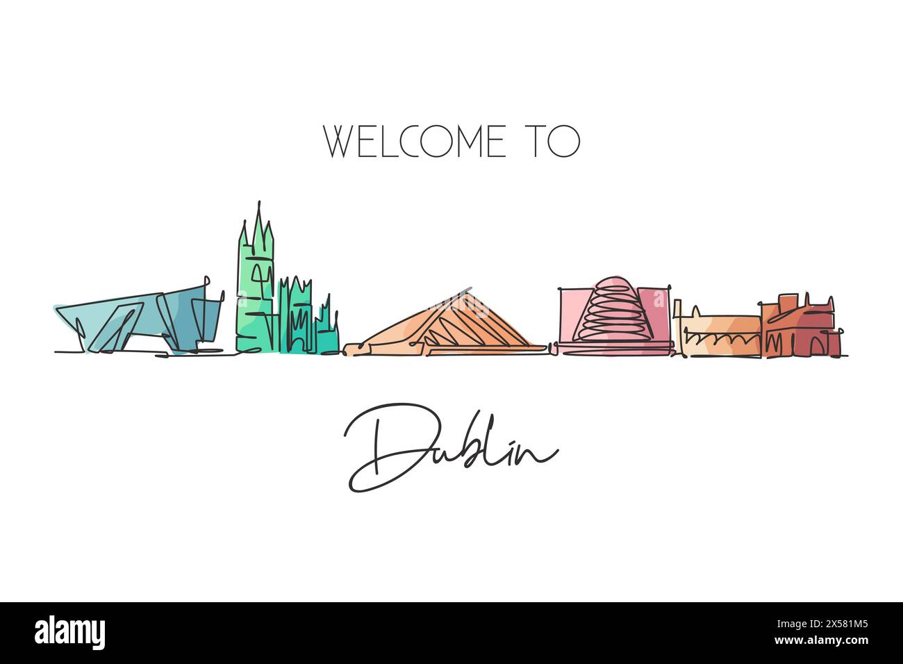 One continuous line drawing of Dublin city skyline, Republic of Ireland. Beautiful landmark. World landscape tour travel vacation wall decor poster. S Stock Vector