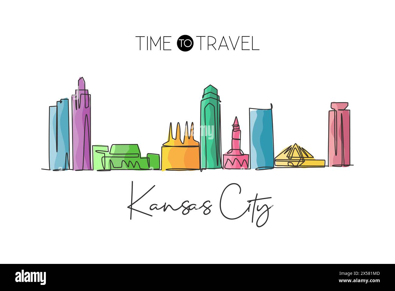 One continuous line drawing of Kansas city skyline, USA. Beautiful landmark. World landscape tourism travel vacation poster print. Editable stylish st Stock Vector