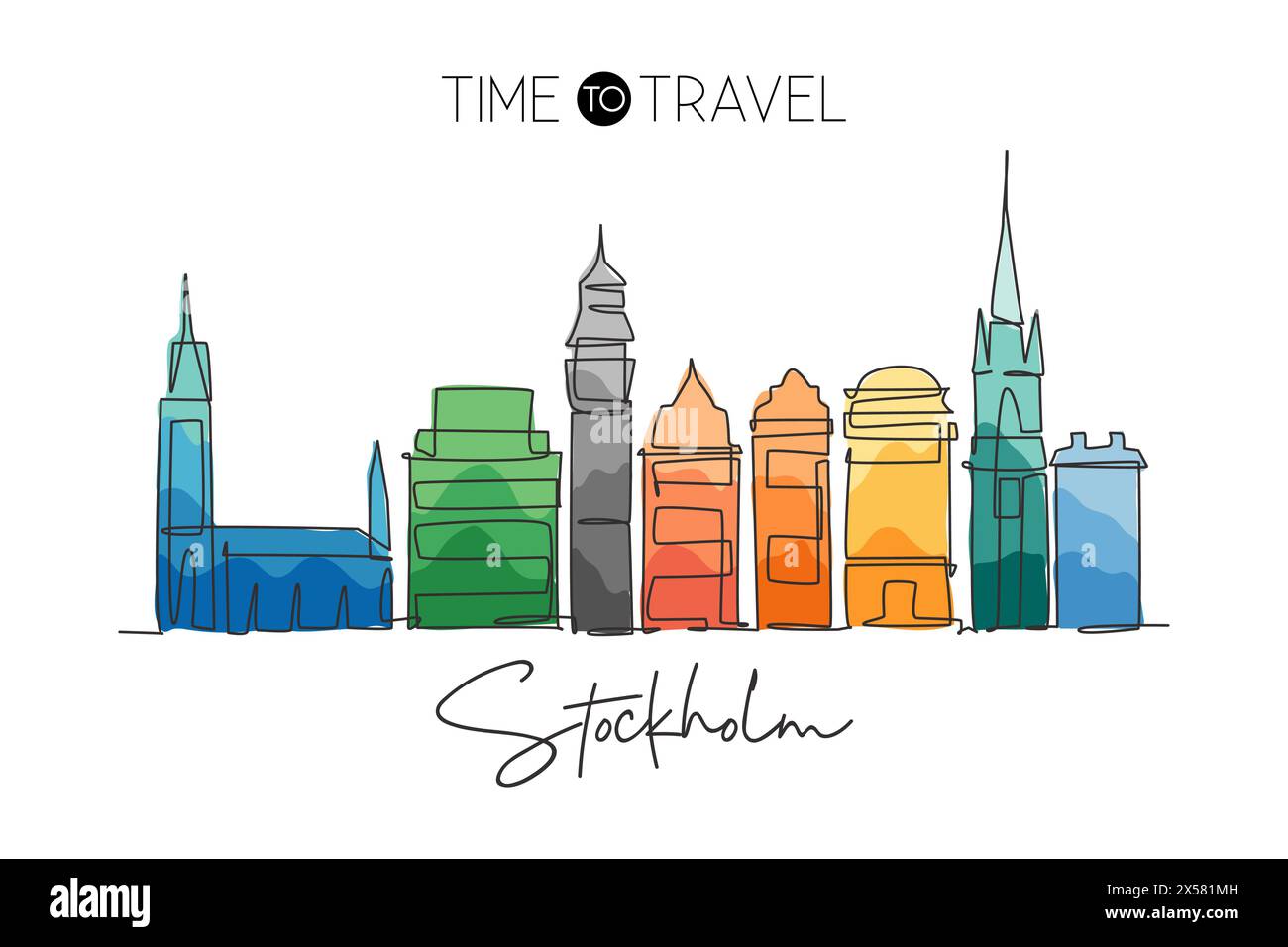 One single line drawing of Stockholm city skyline, Sweden. Historical town landscape in the world. Best holiday destination. Editable stroke trendy ar Stock Vector