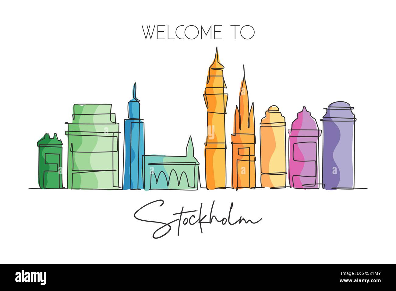 One continuous line drawing of Stockholm city skyline, Sweden. Beautiful landmark. World landscape tourism travel home wall decor art poster print. St Stock Vector