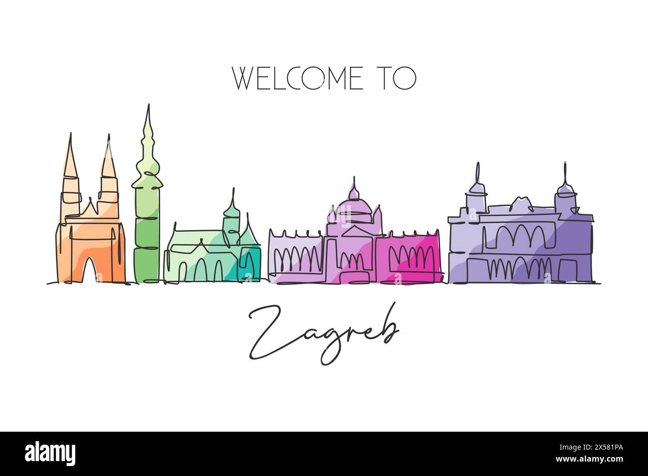 One continuous line drawing of Zagreb city skyline, Croatia. Beautiful landmark. World landscape tourism travel vacation wall decor poster print. Styl Stock Vector