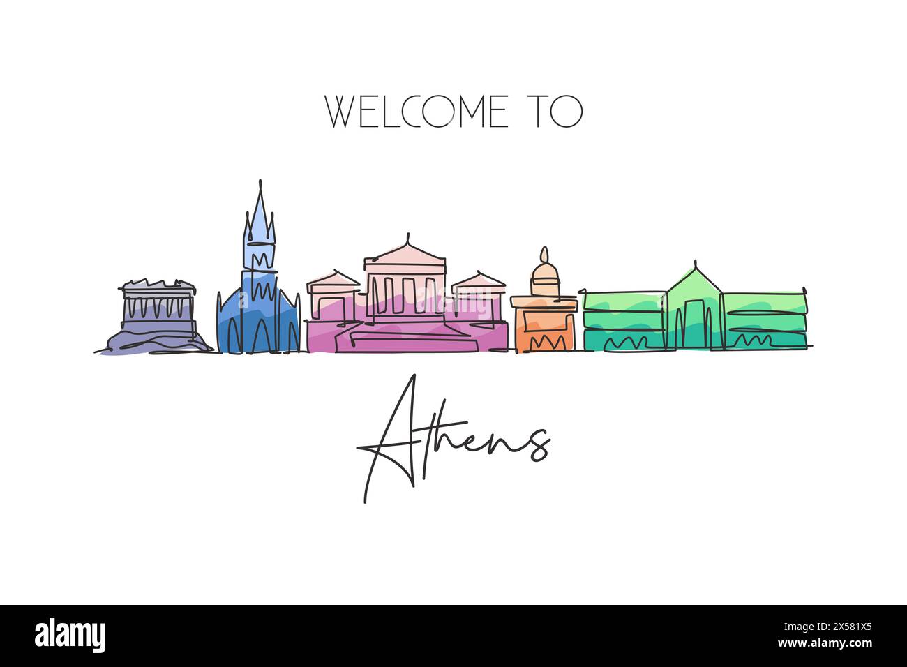 Single continuous line drawing of Athens city skyline, Greece. Famous city scraper landscape. World travel concept home wall decor poster print art. M Stock Vector