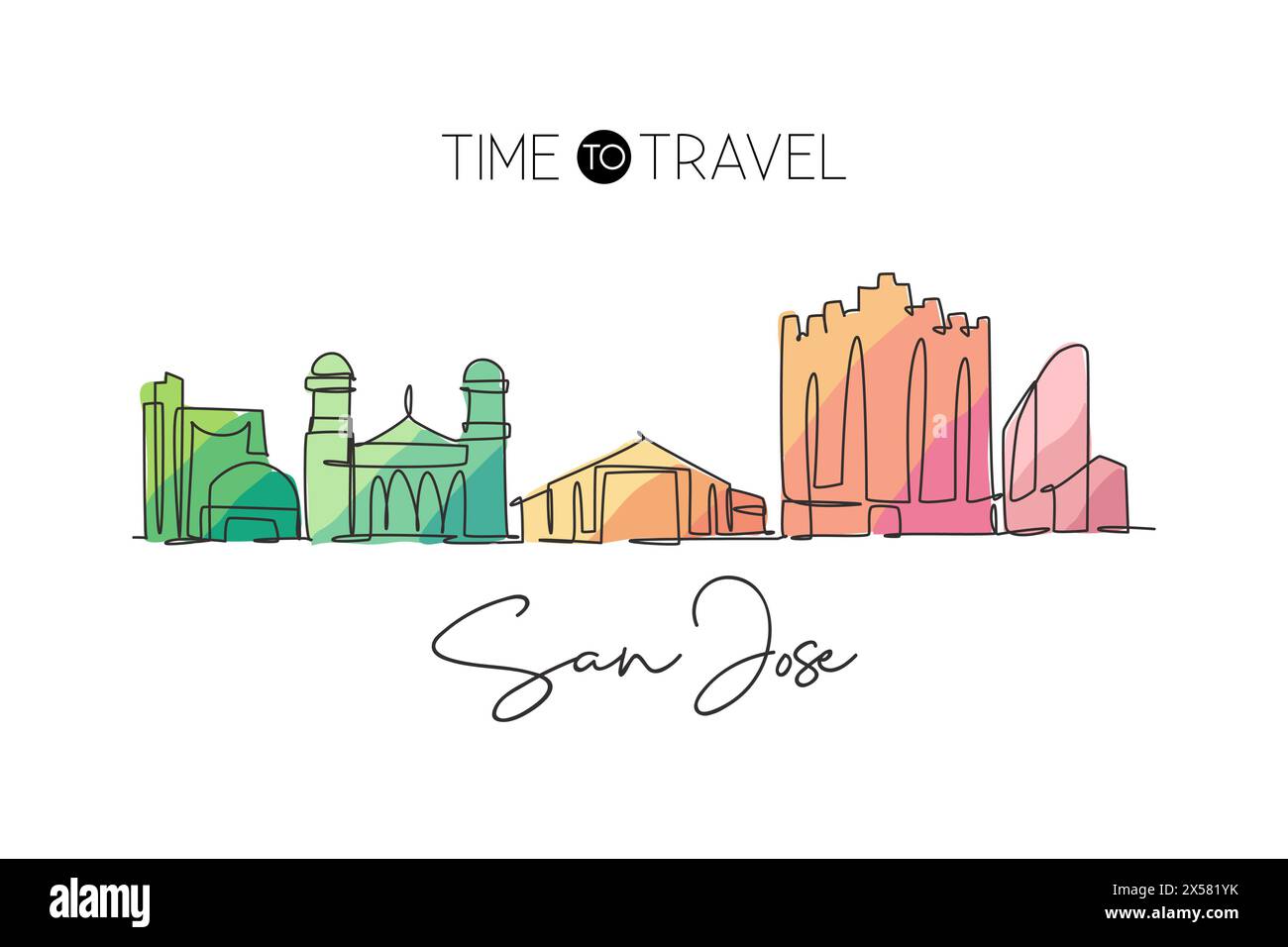 One single line drawing of San Jose city skyline, California. Historical town landscape in the world. Best holiday destination. Editable stroke trendy Stock Vector