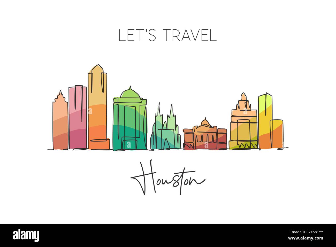 One single line drawing of Houston city skyline, United States. Historical town landscape in the world. Best holiday destination. Editable stroke tren Stock Vector