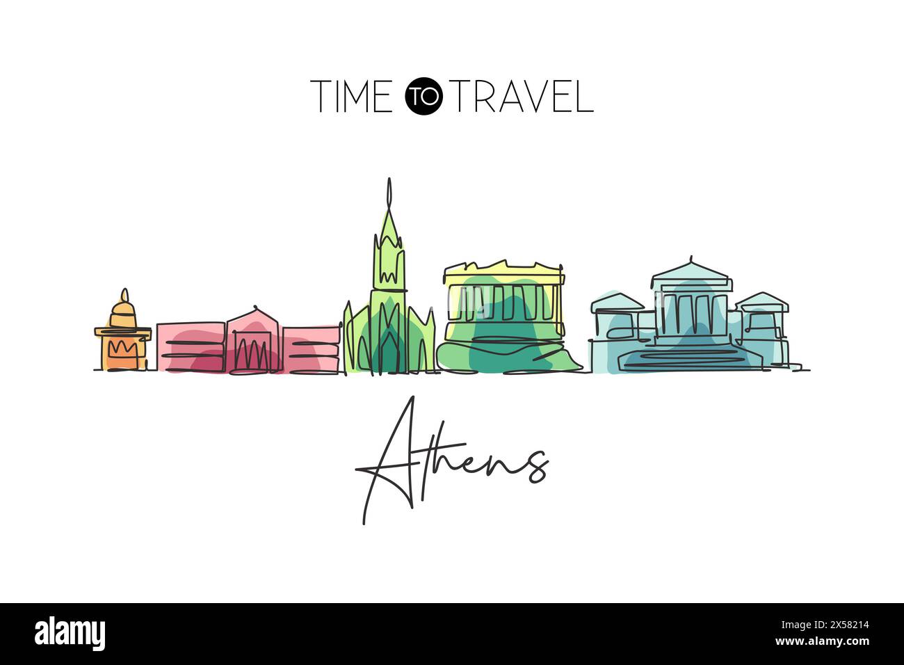 One continuous line drawing of Athens city skyline, Greece. Beautiful landmark. World landscape tourism travel vacation poster art. Editable stylish s Stock Vector