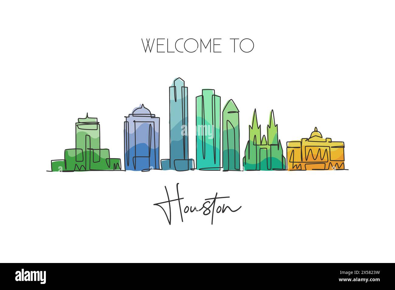 One continuous line drawing Houston city skyline, United States of America. Beautiful landmark. World famous city landscape poster. Editable stylish s Stock Vector