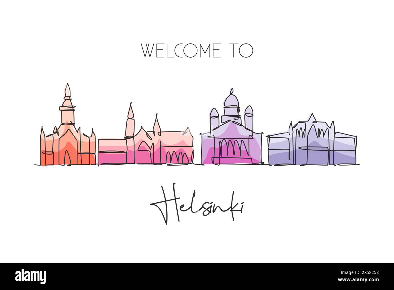 One single line drawing of Helsinki city skyline, Finland. Historical town landscape. Best holiday destination home wall decor poster print art. Trend Stock Vector