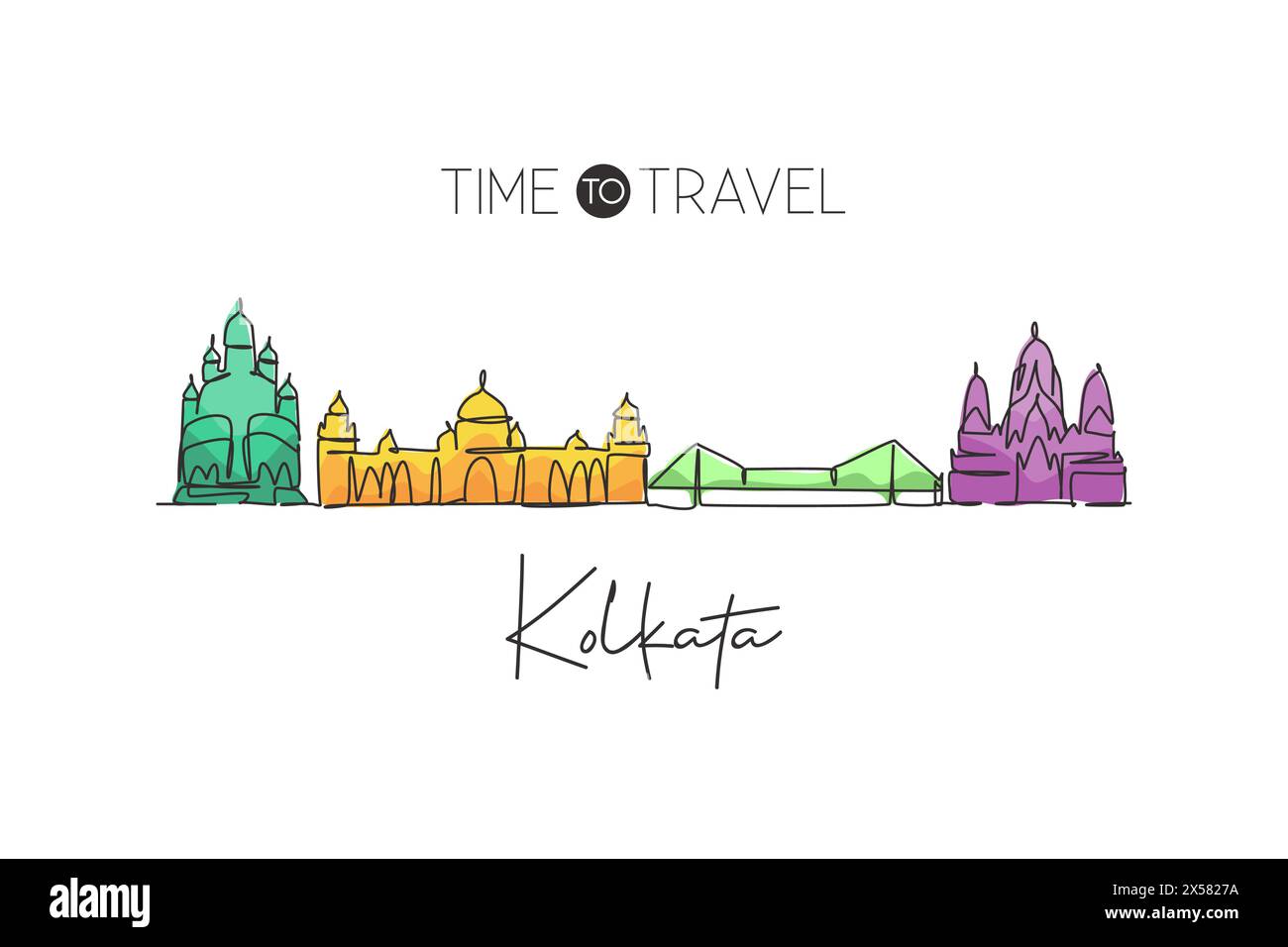 Single continuous line drawing of Kolkata city skyline, India. Famous city scraper and landscape home decor wall art poster print. World travel concep Stock Vector