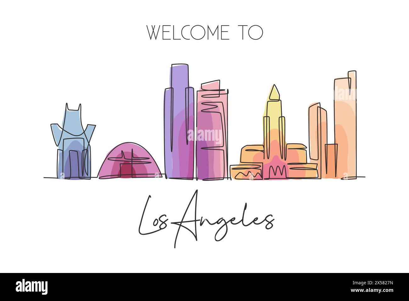 One continuous line drawing of Los Angeles city skyline, United States of America. Beautiful landmark. World travel vacation poster. Editable stylish Stock Vector