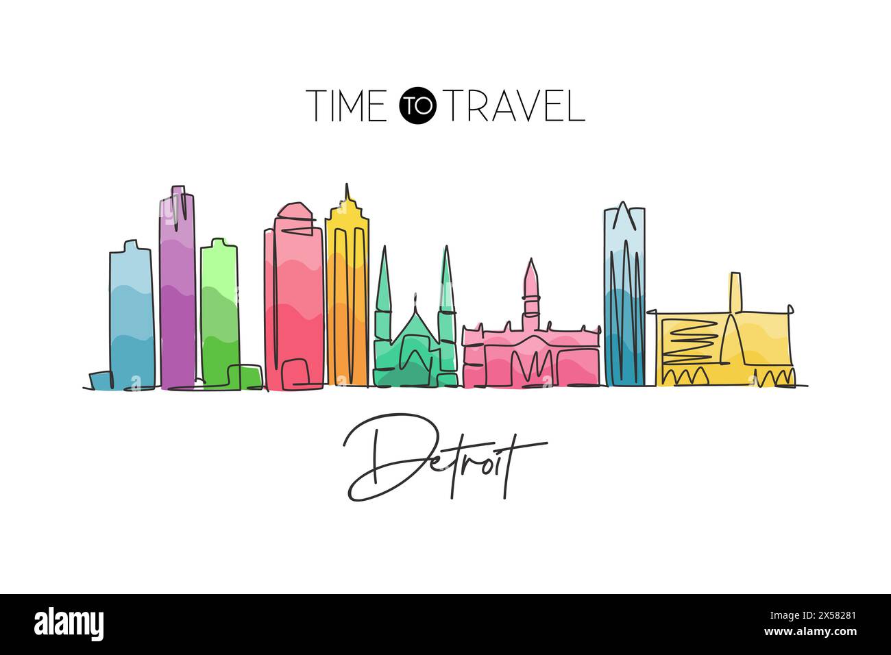One continuous line drawing of Detroit city skyline, USA. Beautiful landmark. World landscape tourism travel vacation poster print. Editable stylish s Stock Vector