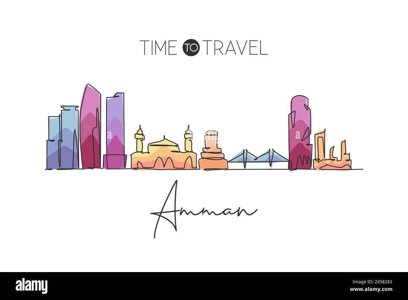 Single continuous line drawing of Amman city skyline, Jordan. Famous city scraper and landscape home decor wall art poster print. World travel concept Stock Vector
