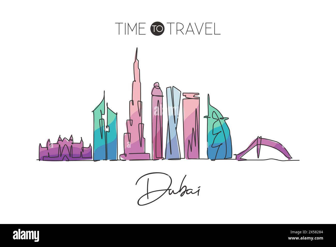 Single continuous line drawing of Dubai city skyline, United Arab Emirates. Famous city landscape wall decor art poster print. World travel concept. M Stock Vector