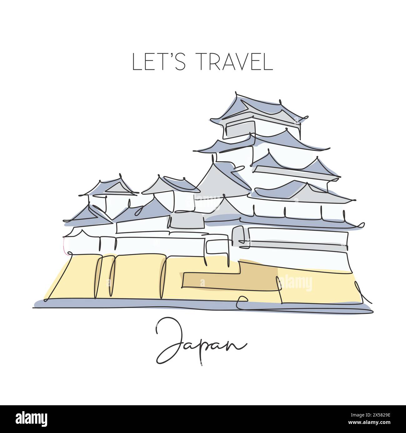 One continuous line drawing Himeji Castle landmark. Old oriental ancient palace in Himeji, Japan. Holiday vacation wall decor poster print concept. Mo Stock Vector