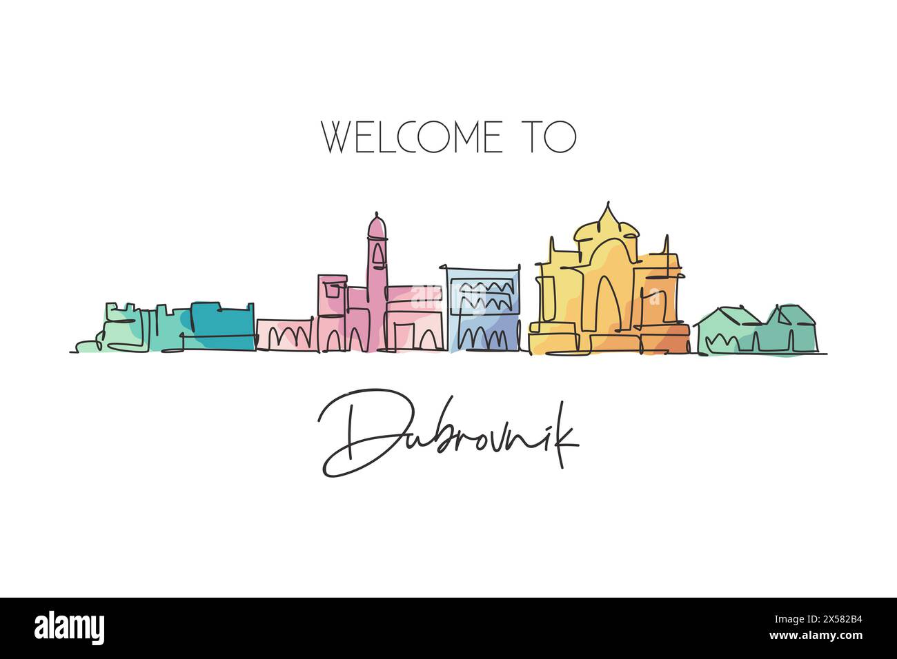 One continuous line drawing of Dubrovnik city skyline, Croatia. Beautiful landmark. World landscape tourism travel vacation poster. Editable stylish s Stock Vector