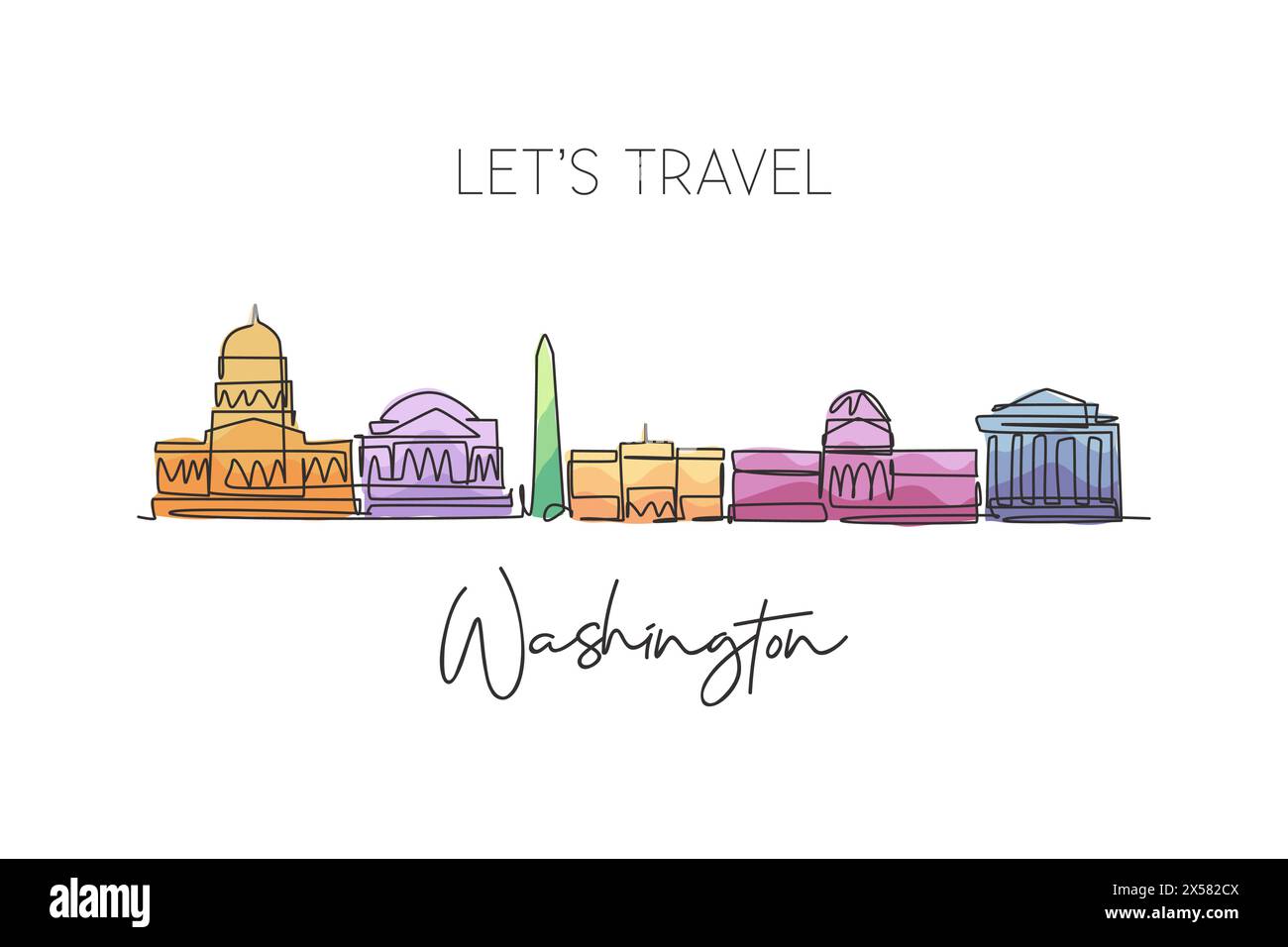 Single continuous line drawing of Washington city skyline, USA. Famous city scraper landscape. World travel concept home wall decor poster print art. Stock Vector