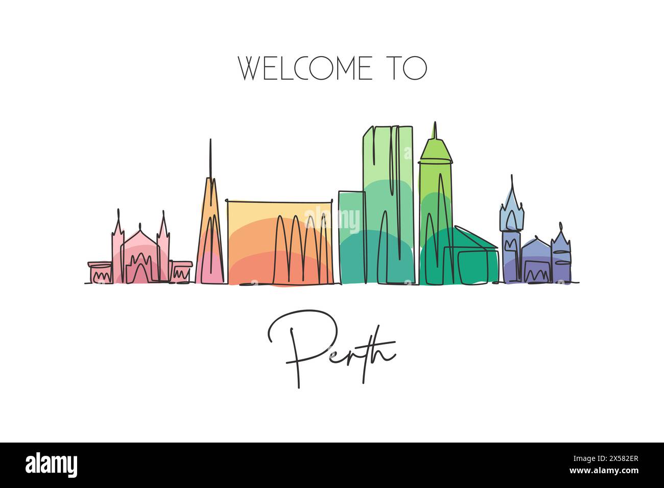 One single line drawing of Perth city skyline, Australia. Historical town landscape. Best holiday destination home decor wall art poster print. Trendy Stock Vector