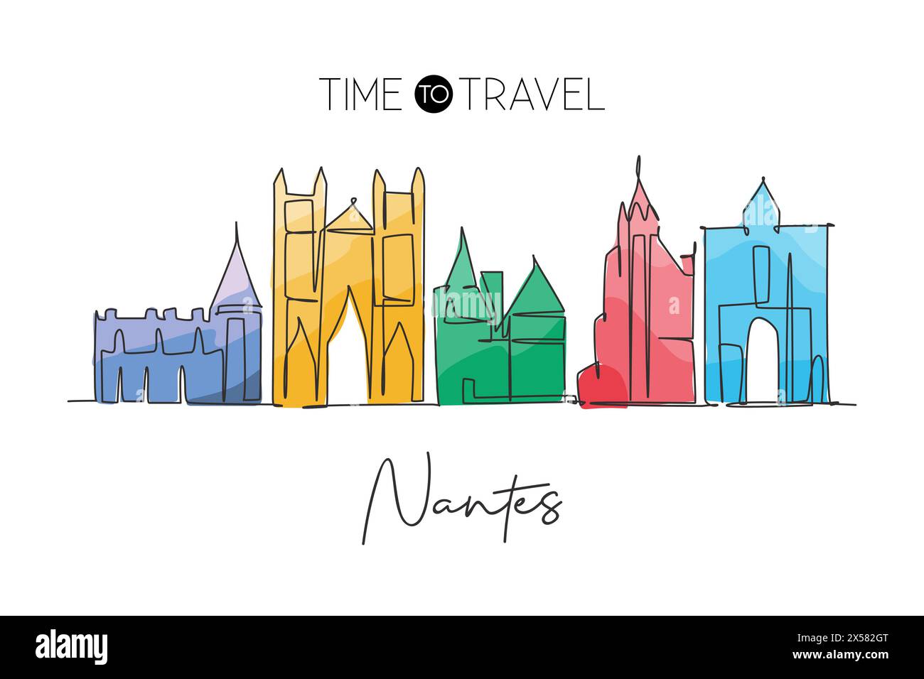 One single line drawing of Nantes city skyline, France. Historical skyscraper and landscape in world. Best holiday destination wall decor poster. Tren Stock Vector