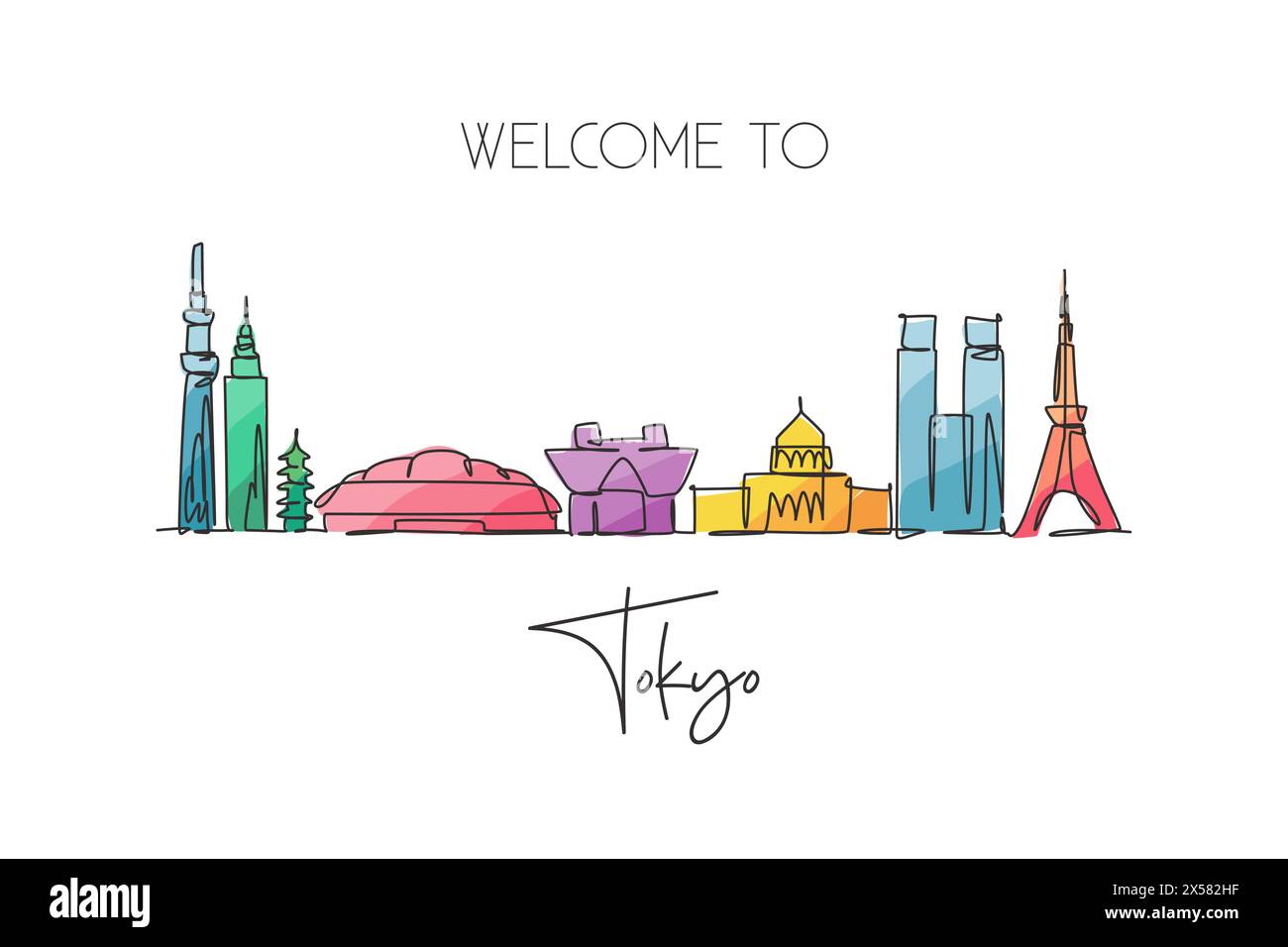 One continuous line drawing of Tokyo city skyline, Japan. Beautiful landmark. World landscape tourism and travel vacation poster. Editable stylish str Stock Vector