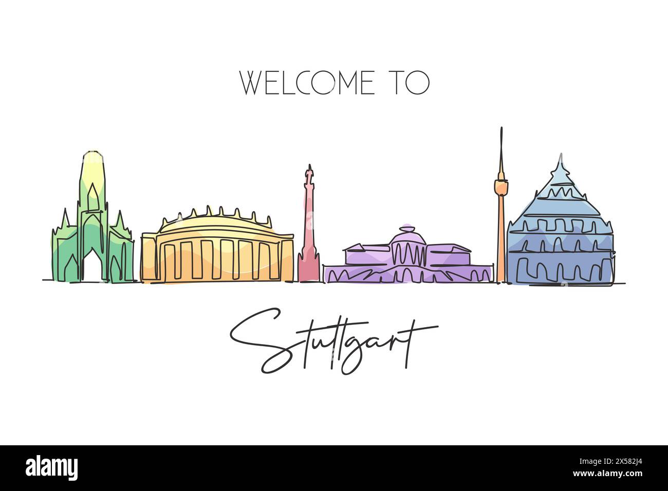 Single continuous line drawing of Suttgart city skyline, Germany ...