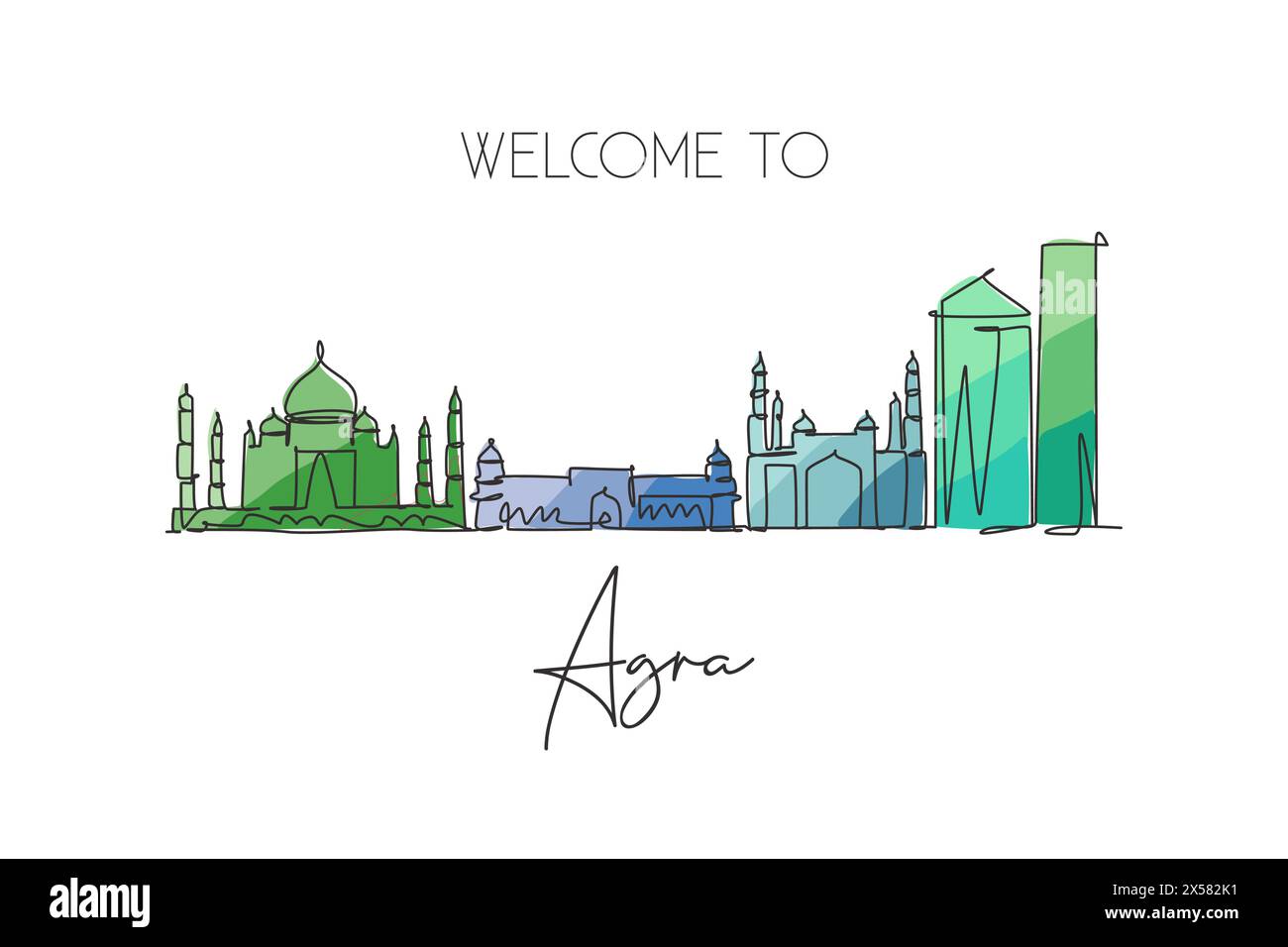 Single continuous line drawing of Agra city skyline, India. Famous city scraper and landscape home wall decor poster print art. World travel concept. Stock Vector