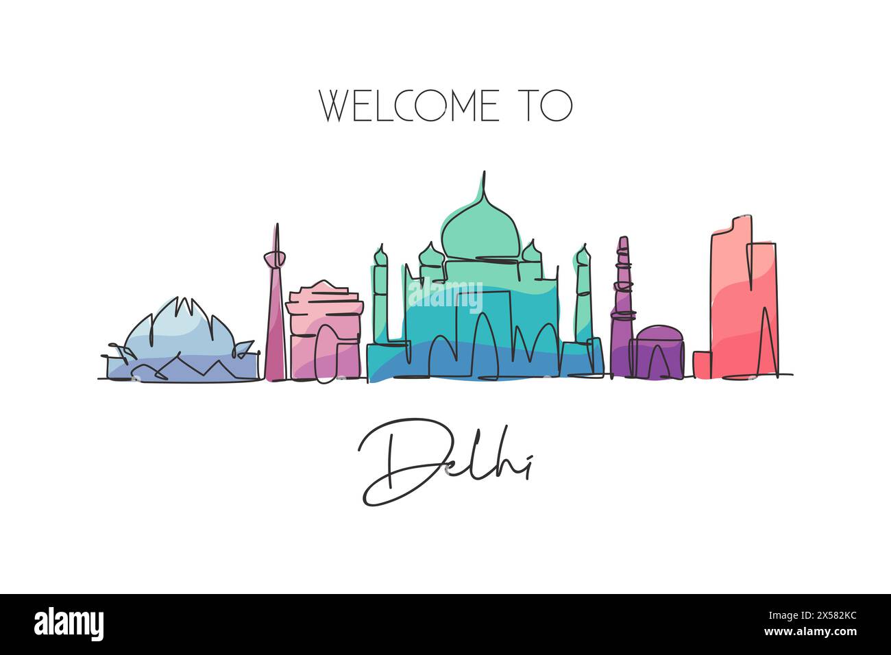 One single line drawing of Delhi city skyline, India. Historical town landscape in the world. Best holiday destination. Editable stroke trendy continu Stock Vector