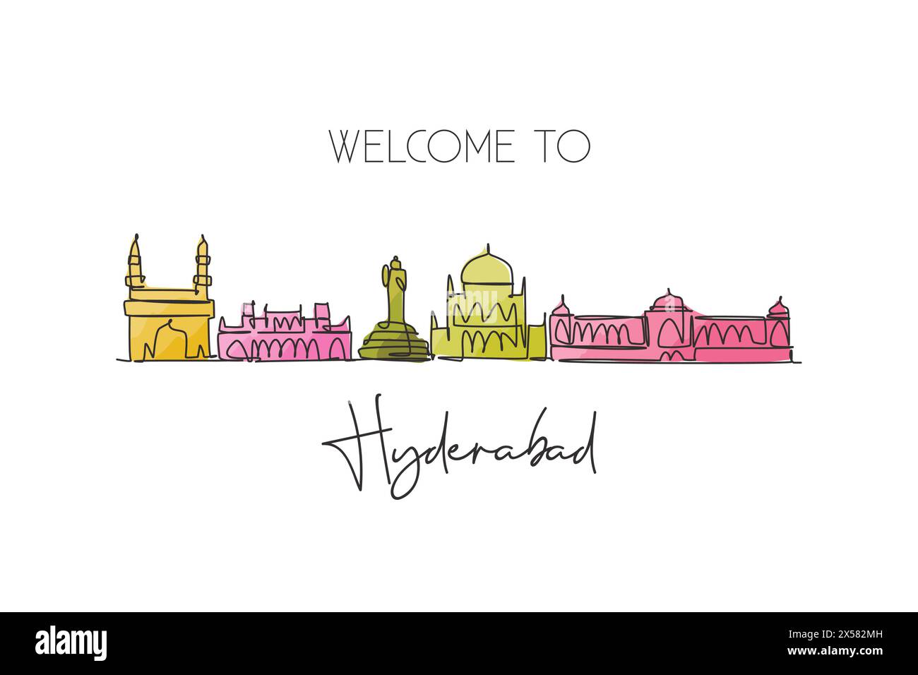 One continuous line drawing of Hyderabad city skyline, India. Beautiful city landmark wall decor poster. World landscape tourism travel vacation. Styl Stock Vector