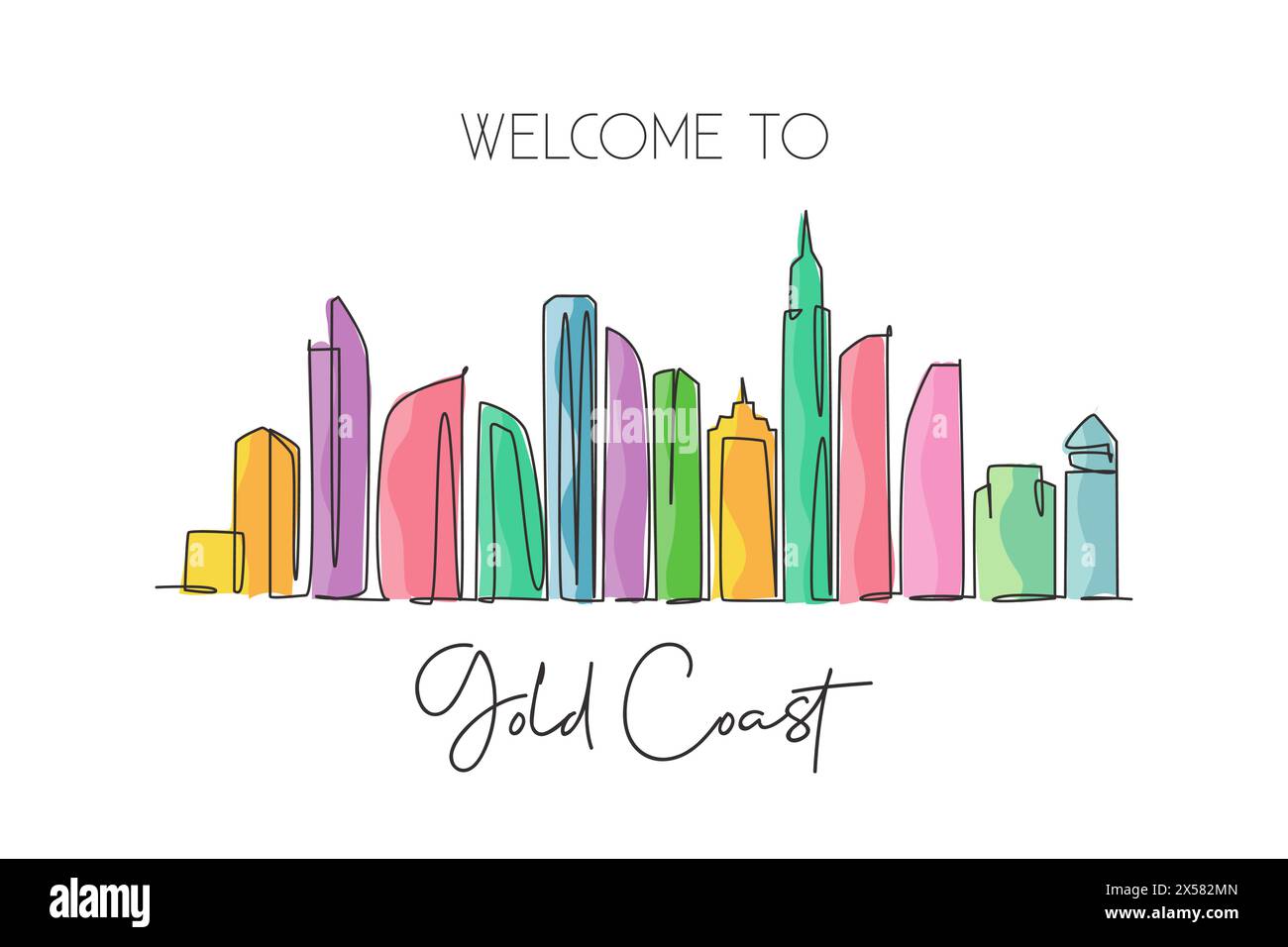Single continuous line drawing of Gold Coast city skyline, Australia. Famous city landscape. World travel concept wall home decor art poster print. Mo Stock Vector