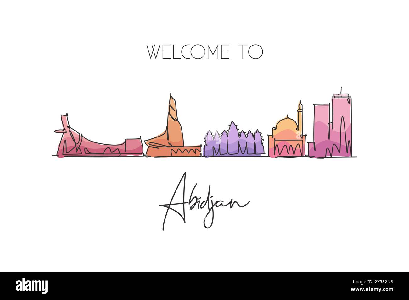 Single continuous line drawing of Abidjan city skyline, Ivory Coast. Famous city scraper landscape home wall decor poster print. World travel concept. Stock Vector