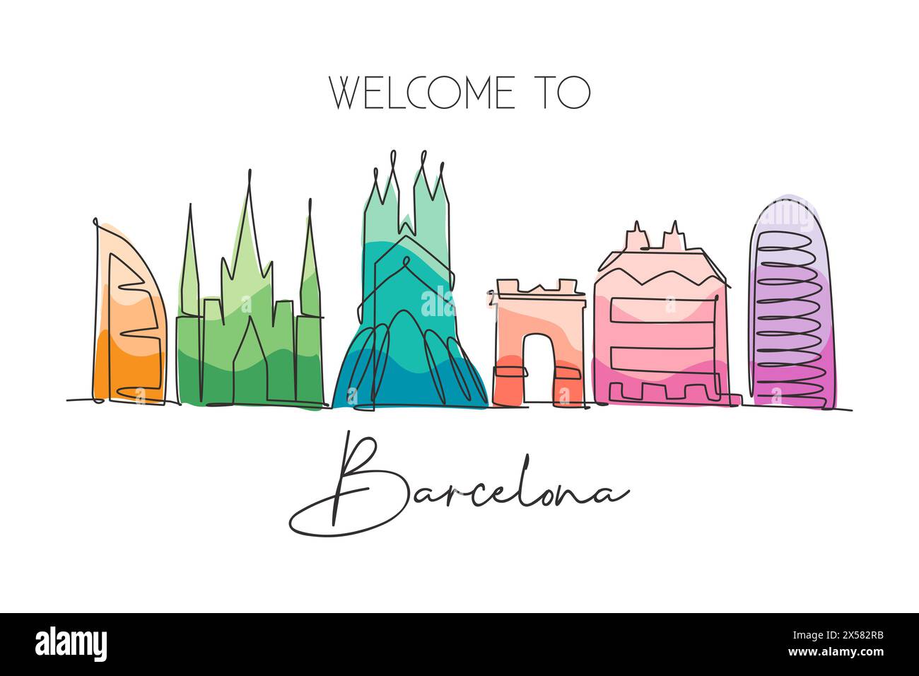 One single line drawing of Barcelona city skyline, Spain. Historical skyscraper landscape in world postcard. Best holiday destination wall decor poste Stock Vector