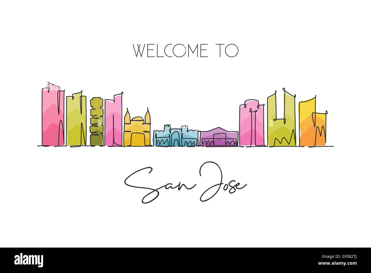 One continuous line drawing San Jose city skyline, Costa Rica. Beautiful landmark home decor poster print. World landscape tourism travel vacation. St Stock Vector