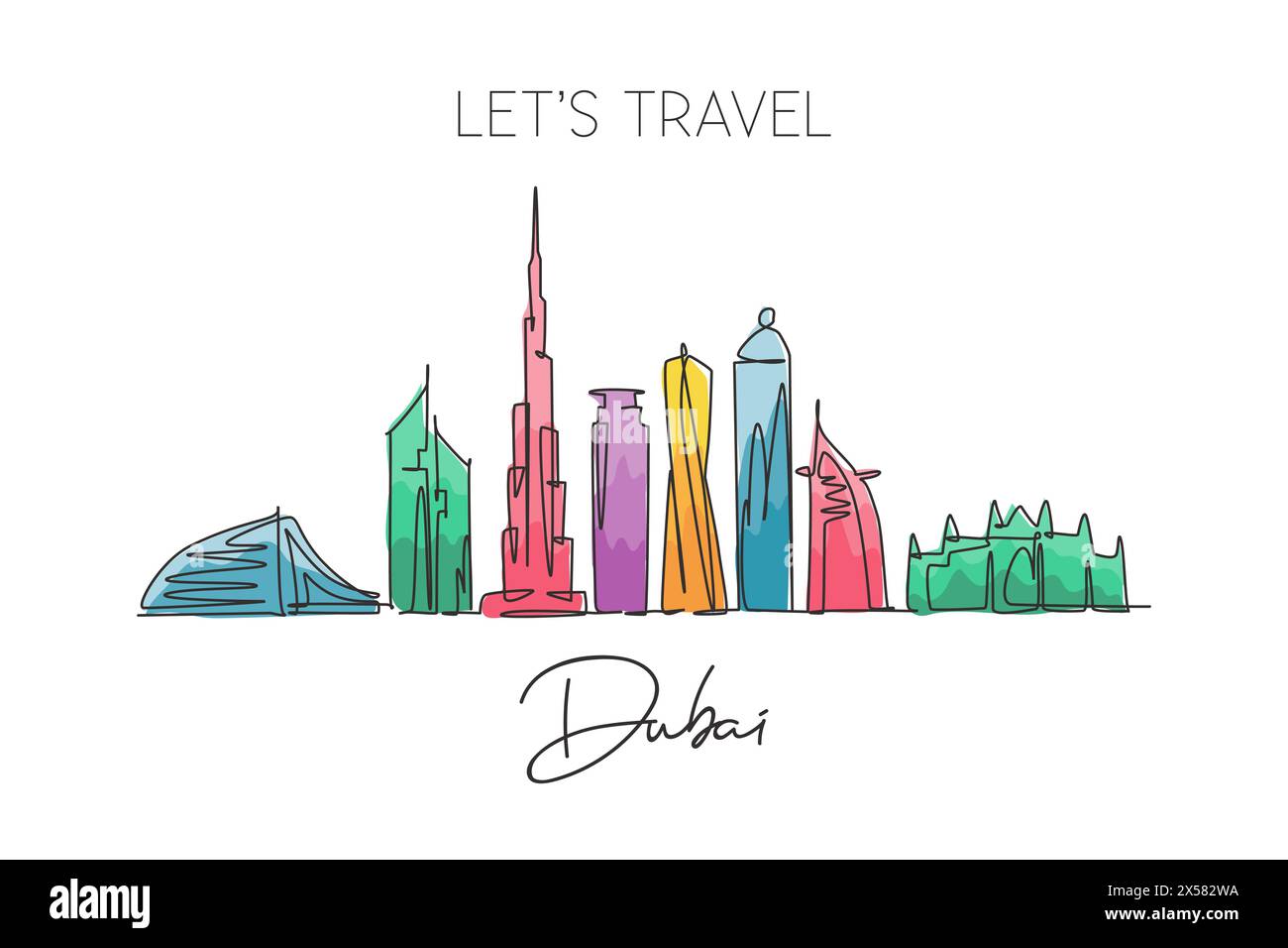 One single line drawing of Dubai city skyline, United Arab Emirates. Historical landscape postcard art. Best holiday destination. Editable stroke tren Stock Vector