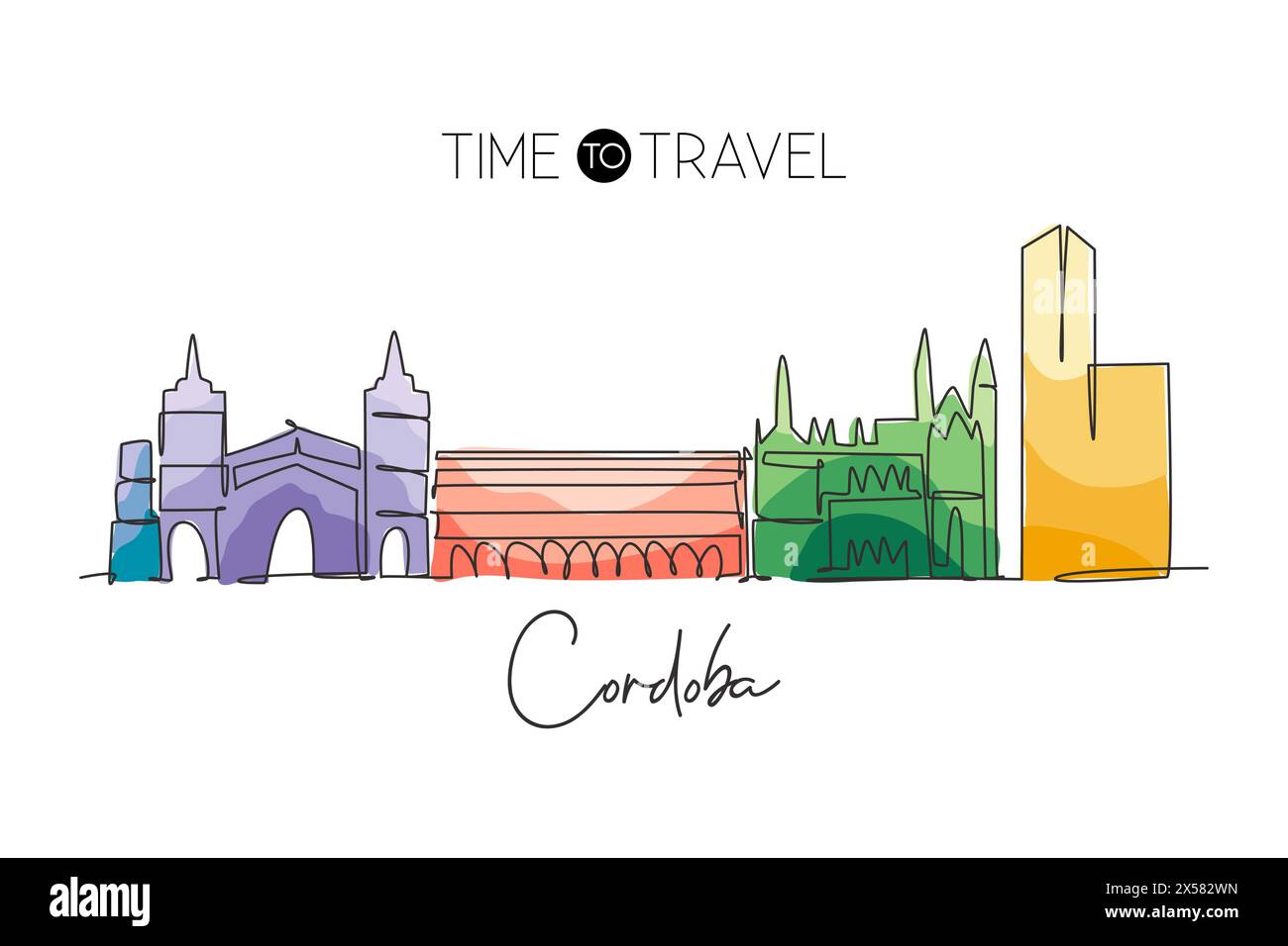 Single continuous line drawing of Cordoba city skyline, Spain. Famous skyscraper and landscape postcard. World travel wall decor poster print concept. Stock Vector