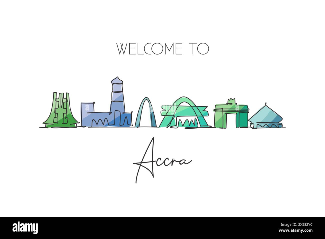 One single line drawing of Accra city skyline, Ghana. World historical town landscape home decor wall art poster print. Best holiday destination. Tren Stock Vector