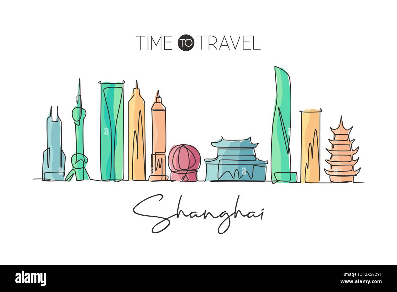 One continuous line drawing of Shanghai city skyline China. Beautiful landmark. World landscape tourism and travel vacation. Editable stylish stroke s Stock Vector