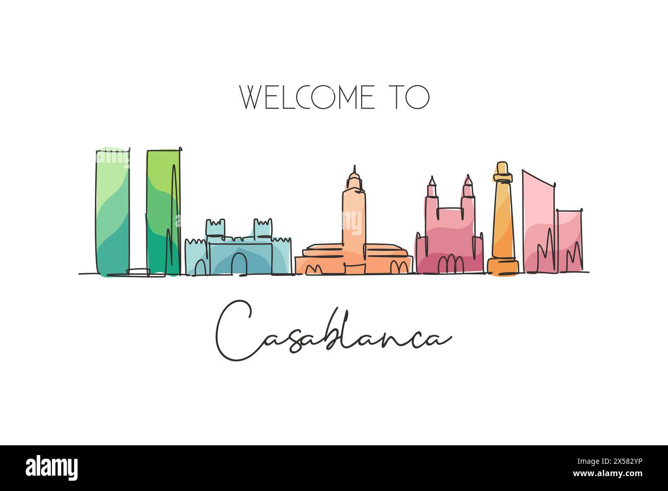 One continuous line drawing of Casablanca city skyline, Morocco. Beautiful landmark wall decor poster. World landscape tourism and travel vacation. St Stock Vector