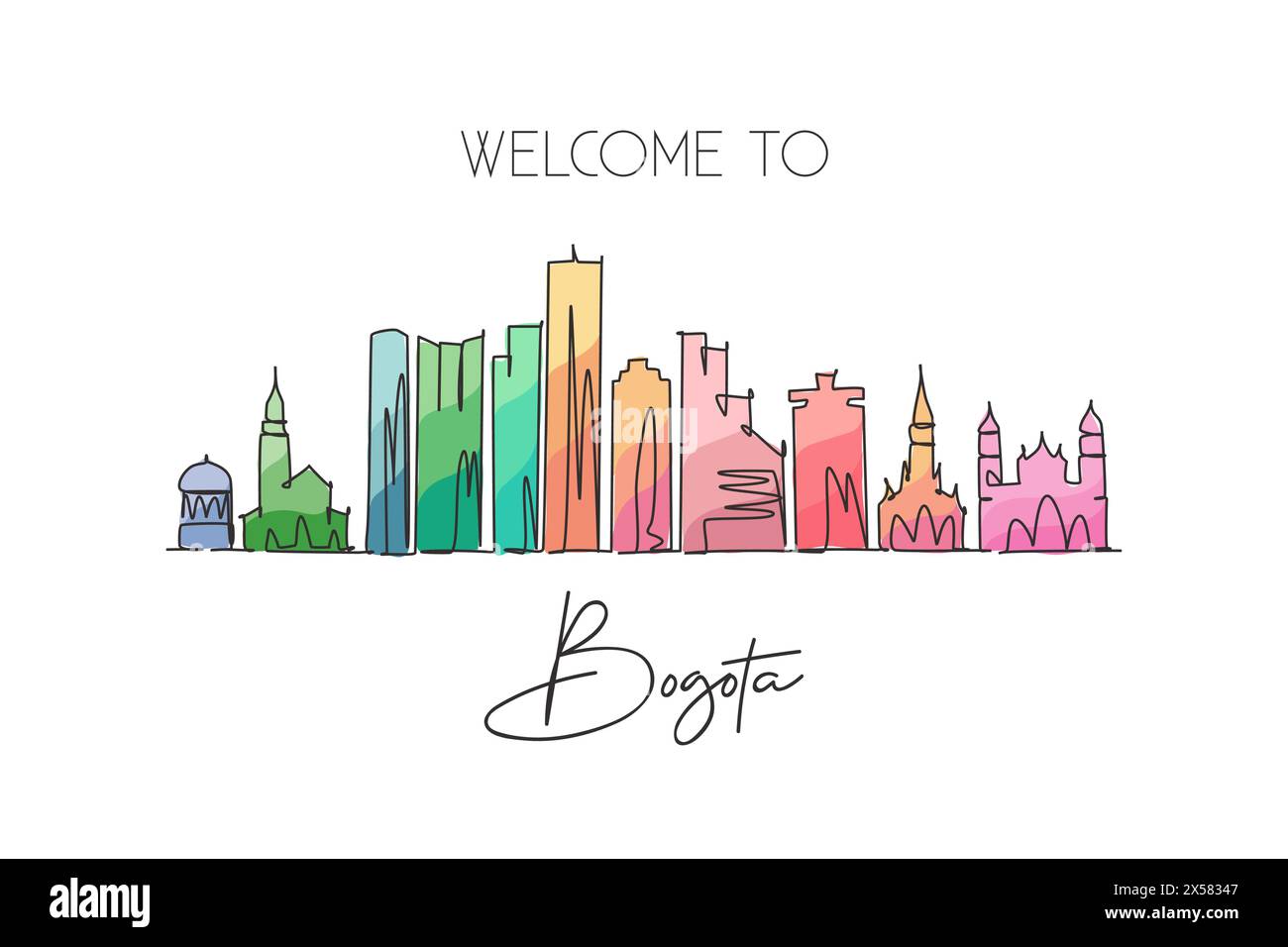 One single line drawing Bogota city skyline, Colombia. World historical town landscape postcard. Best holiday place destination. Editable stroke trend Stock Vector