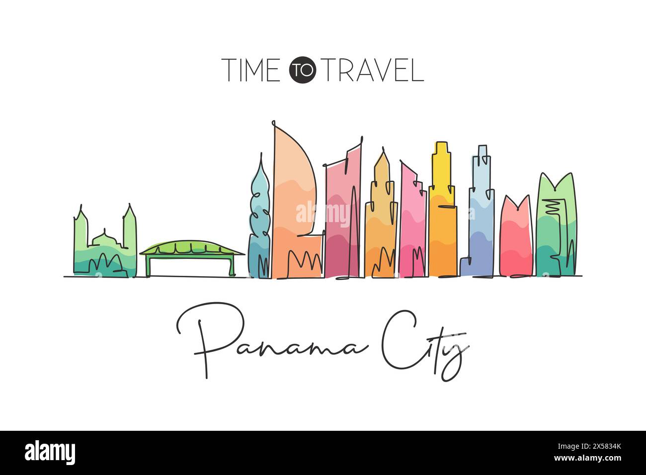 Single continuous line drawing Panama city skyline, Panama. Famous city scraper landscape. World travel destination concept wall decor poster print ar Stock Vector