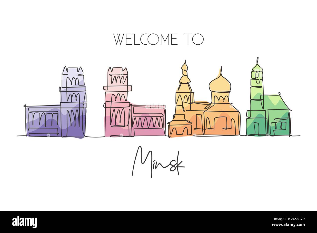 Single continuous line drawing of Minsk city skyline, Belarus. Famous city scraper and landscape home wall decor poster print art. World travel concep Stock Vector