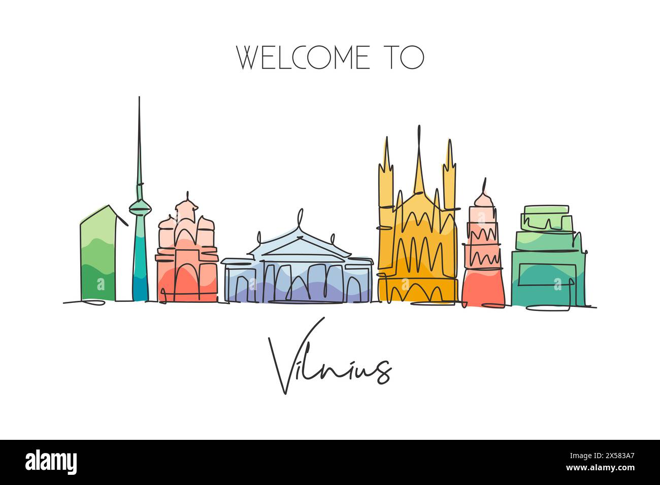 One single line drawing of Vilnius city skyline, Lithuania. Historical ...