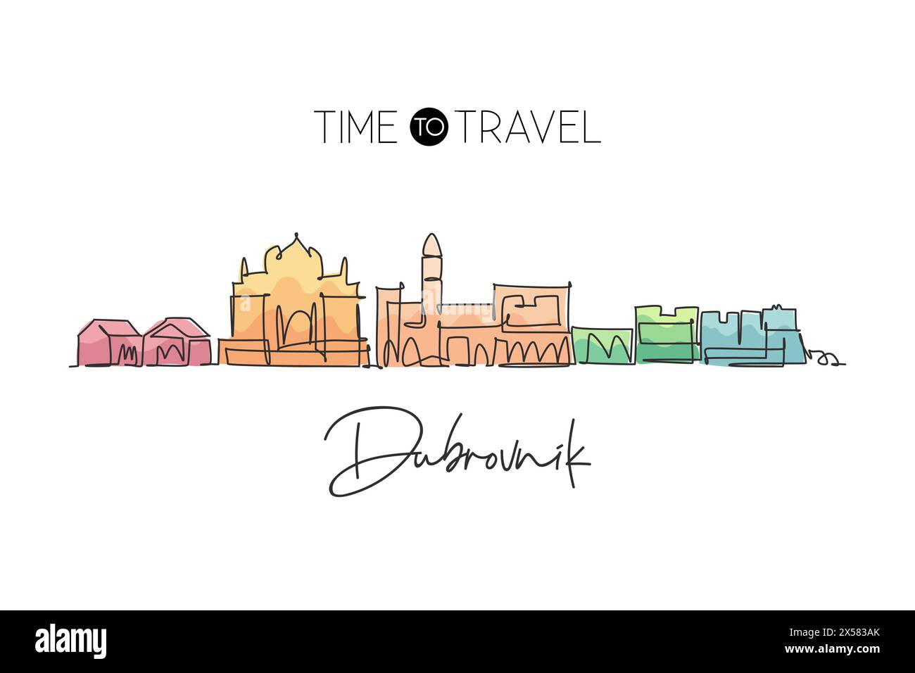 Single continuous line drawing of Dubrovnik city skyline, Croatia. Famous city scraper landscape. World travel concept home wall decor poster print ar Stock Vector