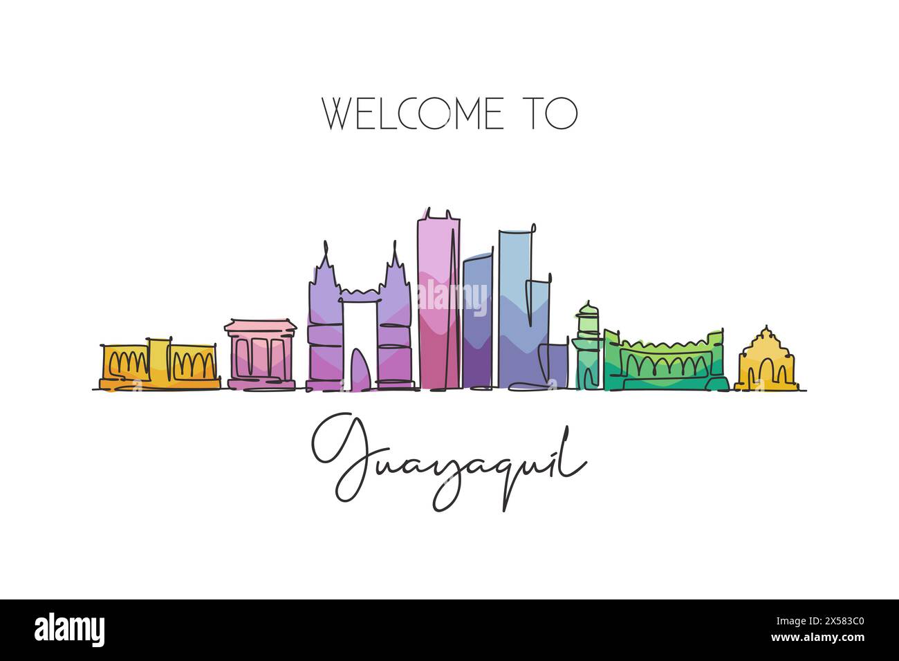 Draw Ecuador One single line drawing Guayaquil city skyline, Ecuador. World ...