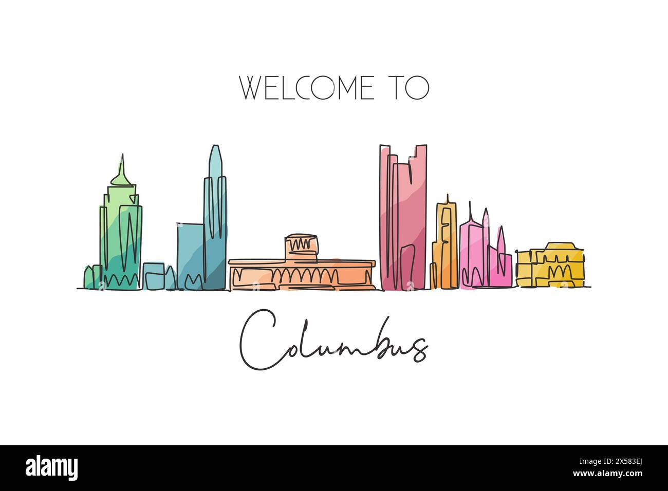 One continuous line drawing Columbus city skyline United States. Beautiful landmark. World landscape tourism travel vacation poster. Editable stylish Stock Vector
