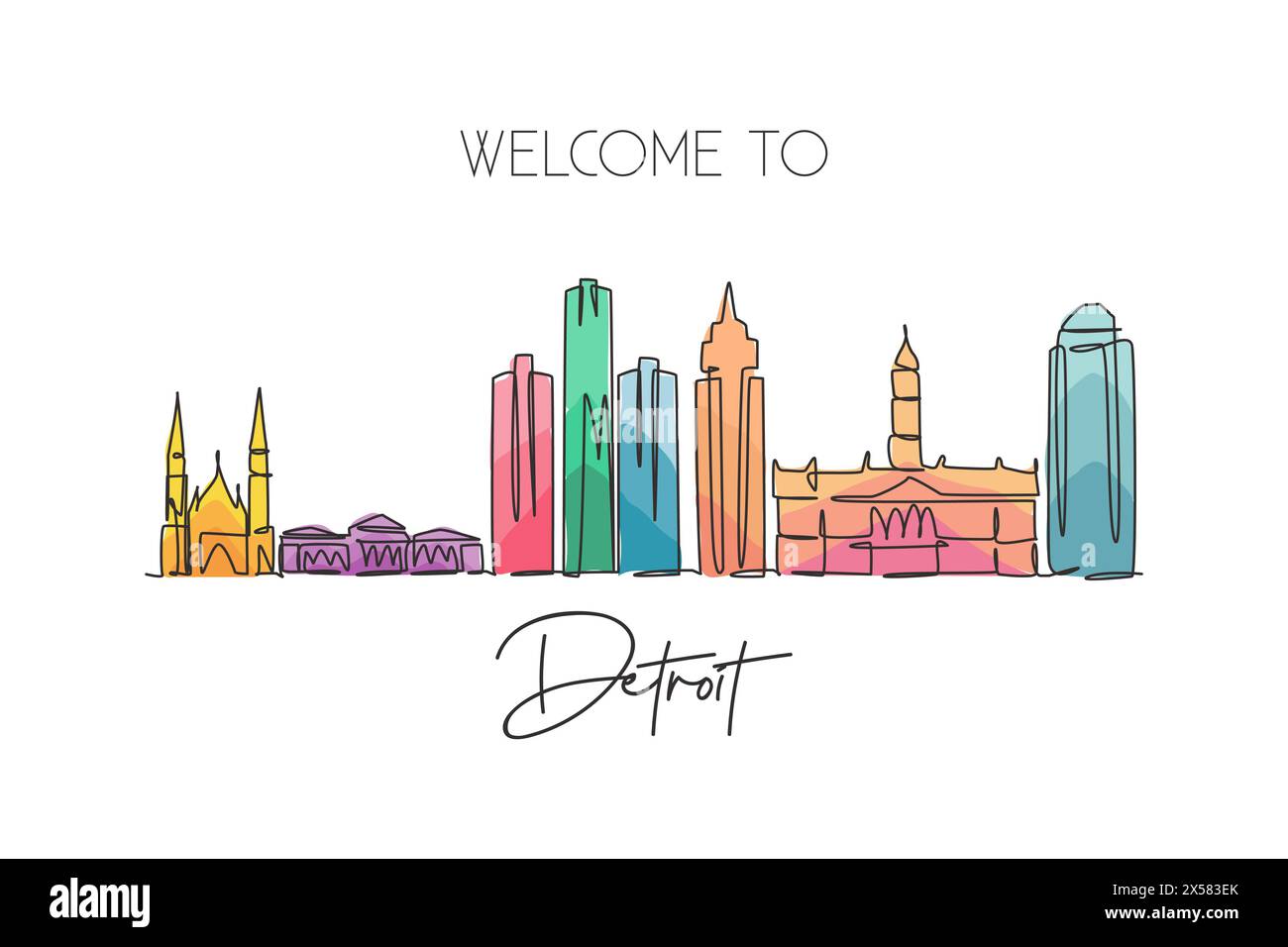 One single line drawing of Detroit city skyline, United States. Historical town landscape. Best holiday destination home wall decor poster print. Tren Stock Vector