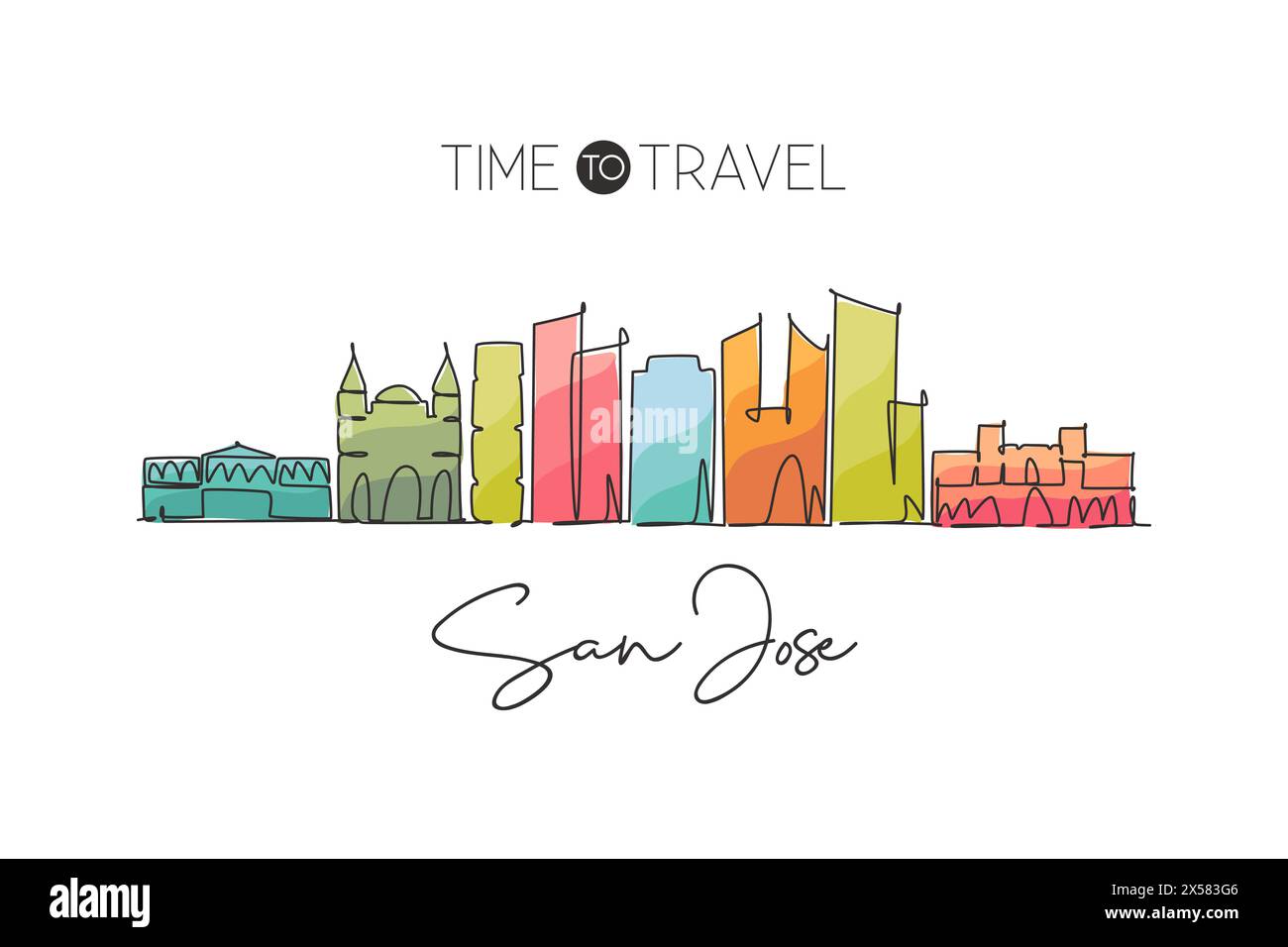 One single line drawing of San Jose city skyline, Costa Rica. World historical town landscape. Best place holiday destination. Editable stroke trendy Stock Vector